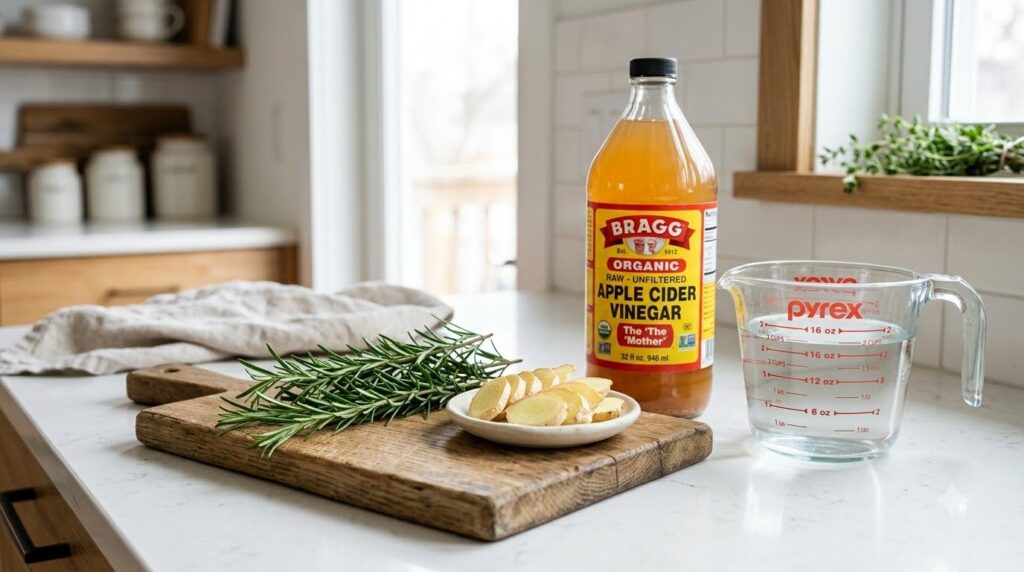 Fresh rosemary sprigs sliced ginger a bottle of apple cider vinegar and filtered water in a glass measuring cup on a kit