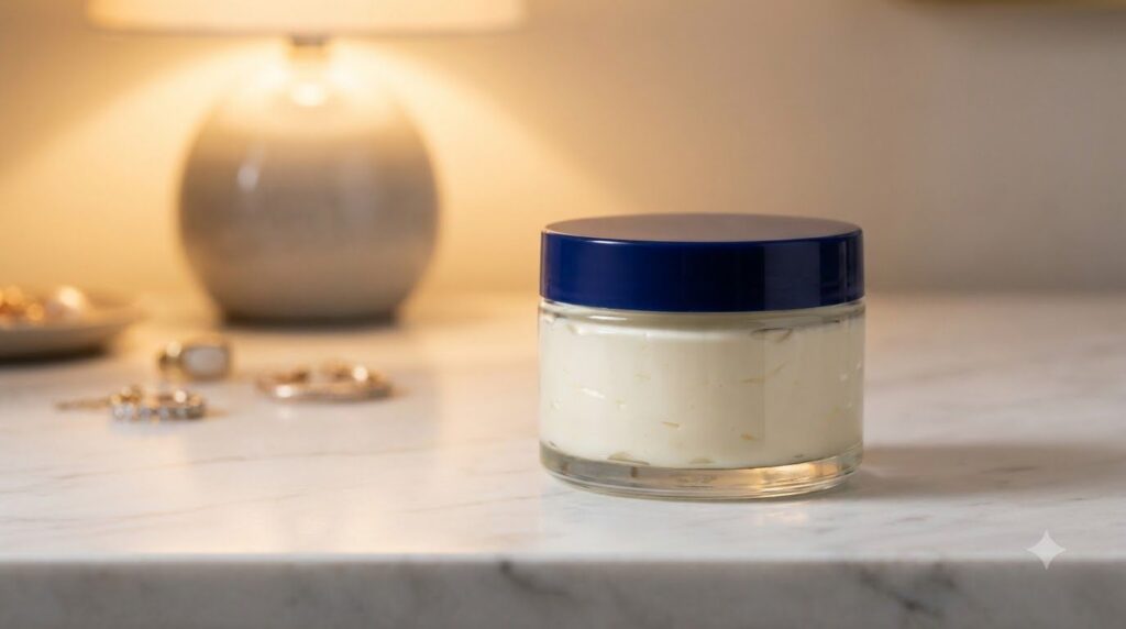 A small clean glass jar filled with the freshly blended NIVEA night cream smooth and creamy placed on a vanity with soft