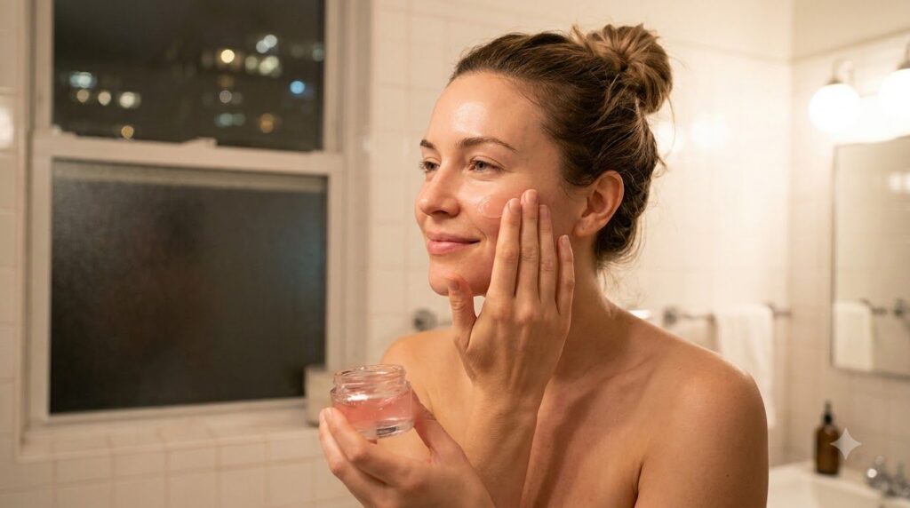 A woman applying a pink glow gel to her face as part of her nightly skincare routine