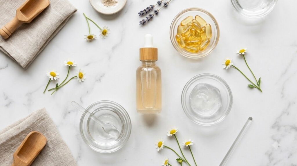 A clear glass dropper bottle filled with a light viscous serum surrounded by small glass bowls of glycerin hyaluronic ac