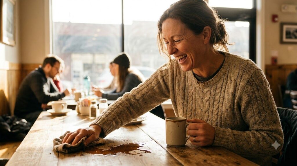 A person laughing heartily while wiping up a spilled coffee on a cafe table surrounded by other smiling people