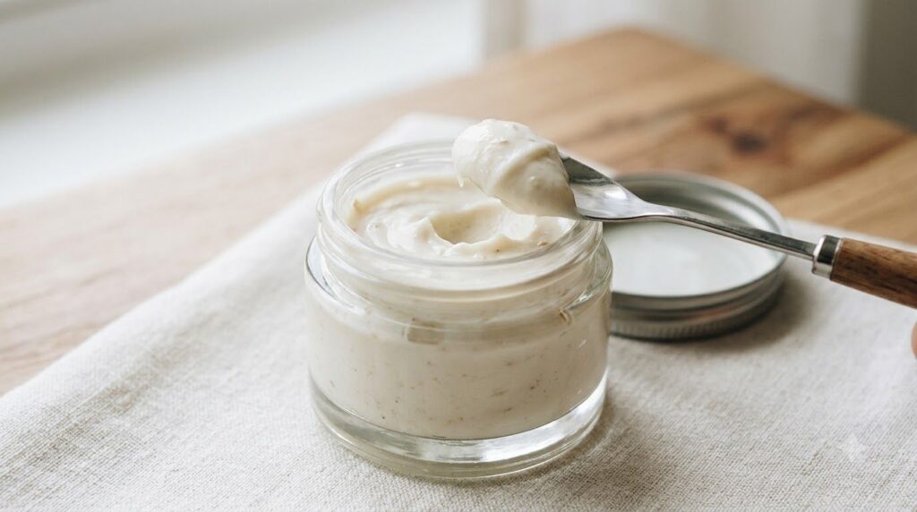 A small clean airtight jar filled with the freshly made Vaseline and colloidal oatmeal skin cream with a small scoop tak