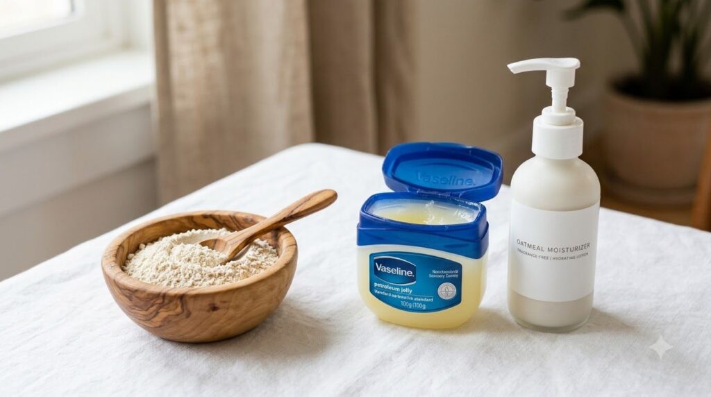 Close-up of a bowl with colloidal oatmeal powder and a small spoon next to a jar of Vaseline and a simple plain moisturi