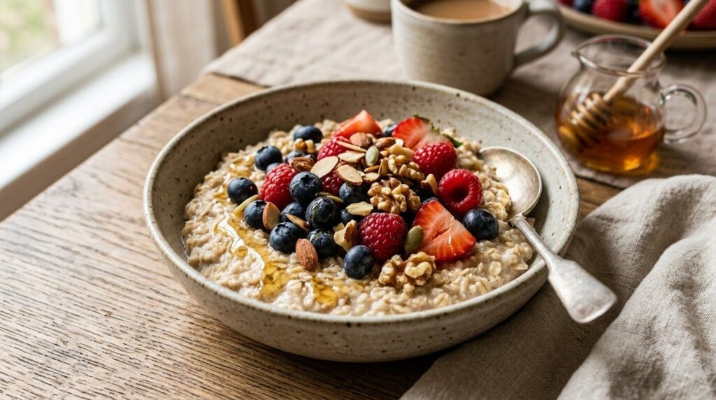A perfectly portioned bowl of oatmeal topped with fresh berries nuts and a drizzle of honey emphasizing a healthy and sa