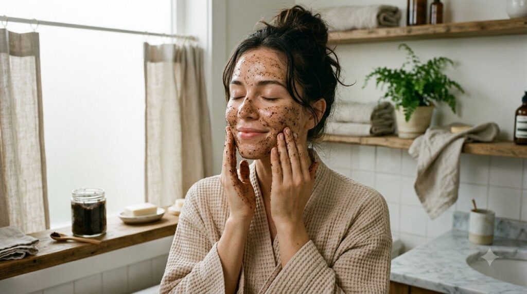 A woman gently massaging a homemade coffee scrub onto her face eyes closed in a serene bathroom setting