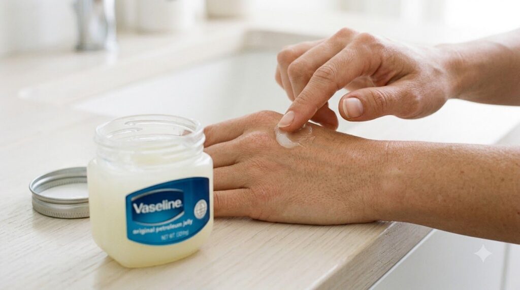 A jar of Vaseline Original Petroleum Jelly next to a hand applying it to dry skin