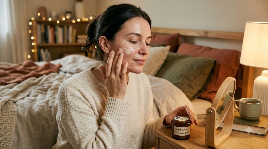 A woman gently applying the homemade cream to her face at night showing soft hydrated skin