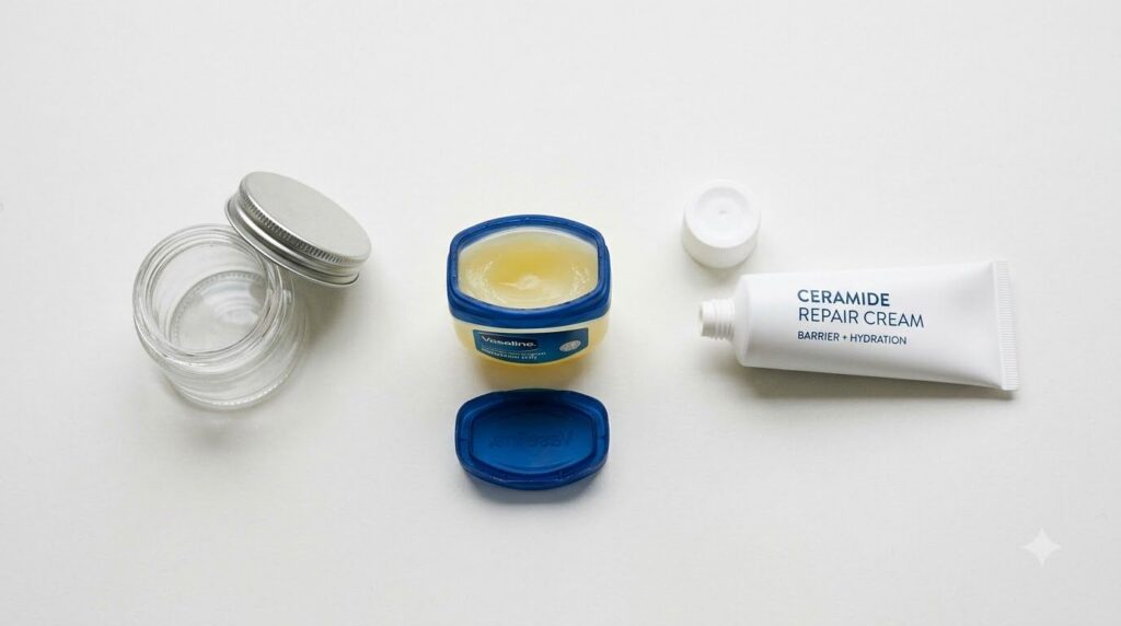 A small clear glass jar a tub of Vaseline and a tube of ceramide cream laid out neatly on a clean surface ready for mixi