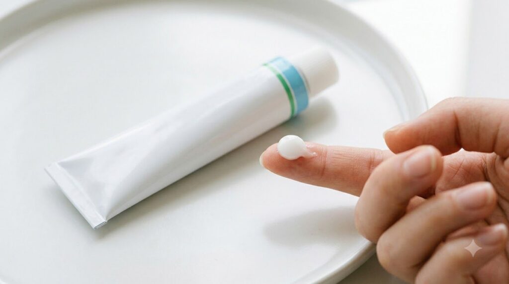 A tube of Dexpanthenol 5 cream with a small amount squeezed out onto a fingertip