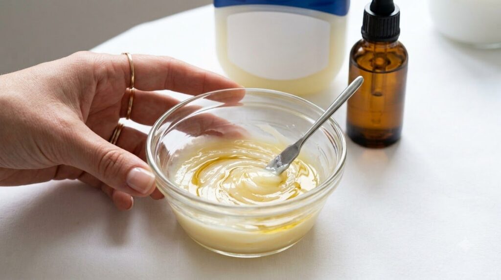 A small clean bowl containing a mixture of Vaseline and a few drops of facial oil with a small spatula blending them tog