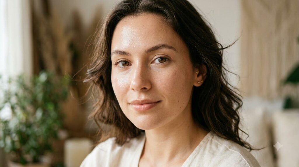 A close-up of a woman s face in soft morning light with clear dewy skin looking refreshed and hydrated symbolizing the s