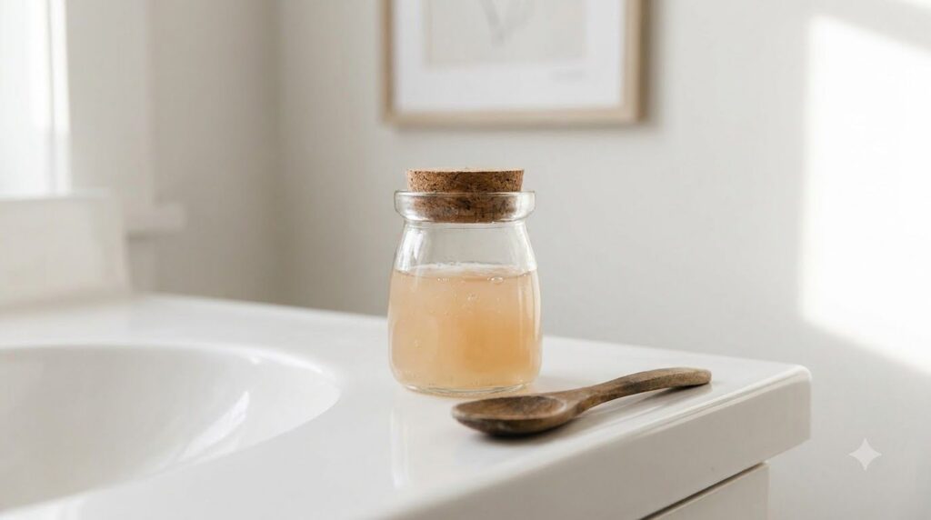 A small clear glass jar filled with the freshly mixed Vaseline Panthenol gel displaying a smooth creamy texture A small
