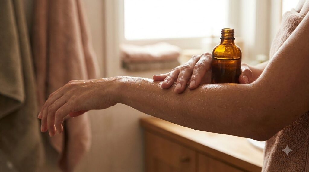 A person gently massaging baby oil onto their damp arm after a shower showing smooth hydrated skin