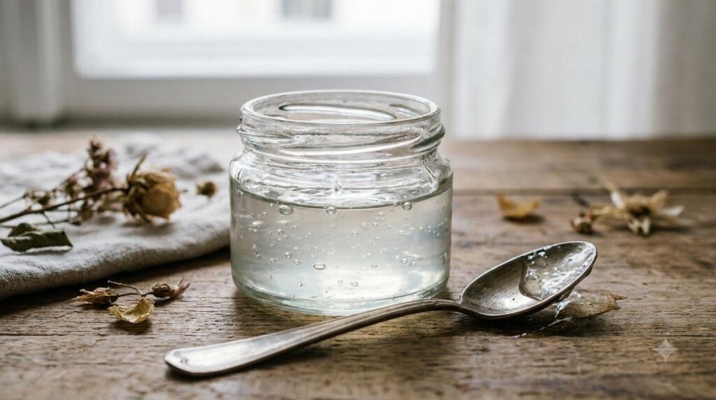 A close-up of a small glass jar containing a freshly mixed smooth translucent gel with a spoon nearby The texture is con