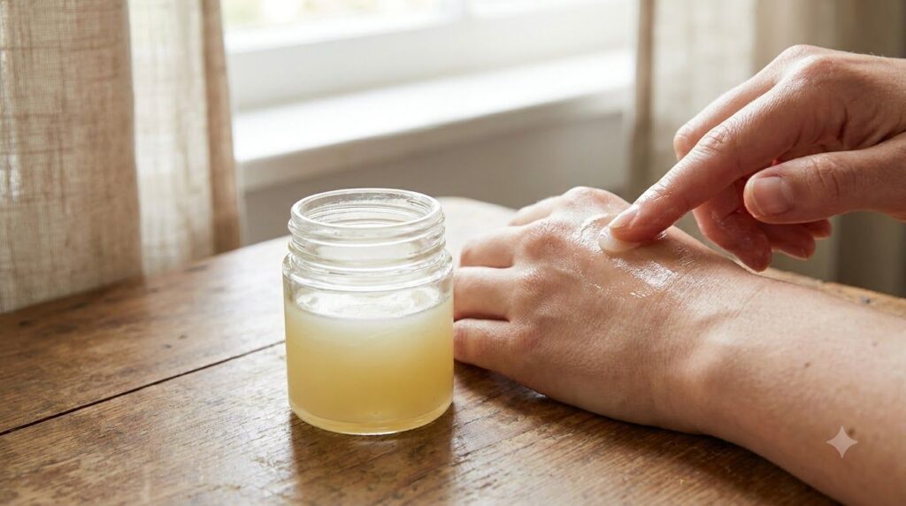 A close-up of a small glass jar containing a mixture of Vaseline and baby oil with a finger gently applying it to dry sk