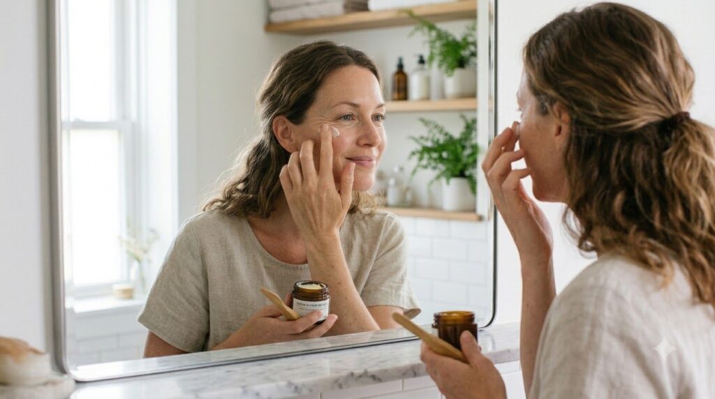 A woman gently applying a small amount of the Vaseline and kaolin clay balm to her face specifically around her eyes or 