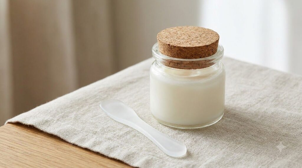 A small clear glass jar filled with the freshly mixed white overnight balm of Vaseline and zinc oxide with a smooth crea