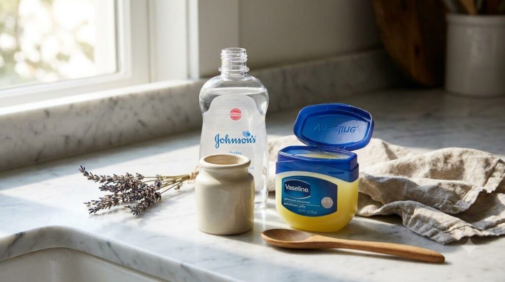Ingredients for DIY wrinkle-fighting gel a jar of Vaseline and a bottle of Johnson s Baby Oil next to a small empty cont