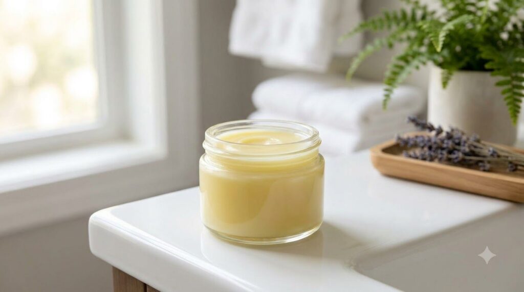 A small clear glass jar filled with the freshly made yellow lemon night balm sitting on a vanity with soft ambient light