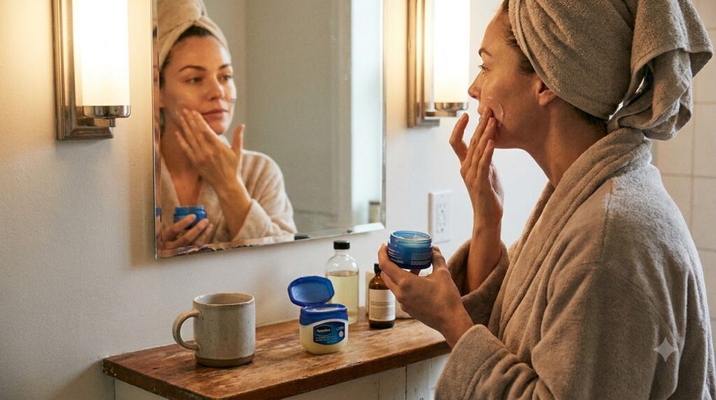 A woman gently applying a thin layer of Vaseline to her face as part of a nighttime skincare routine with soft warm ligh