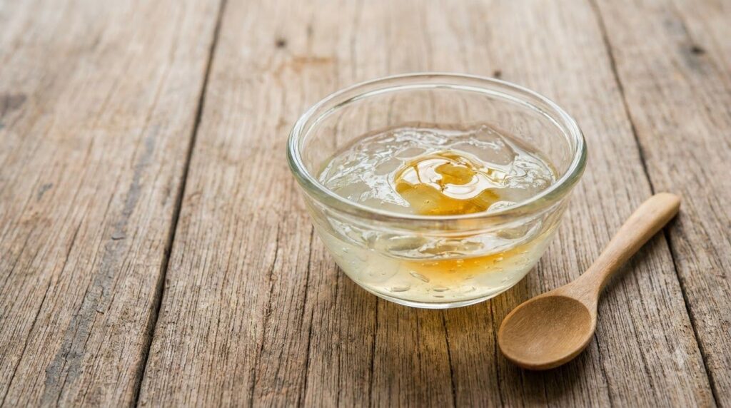 A close-up of a small bowl containing a mixture of fresh aloe vera gel and golden honey with a small spoon beside it on 