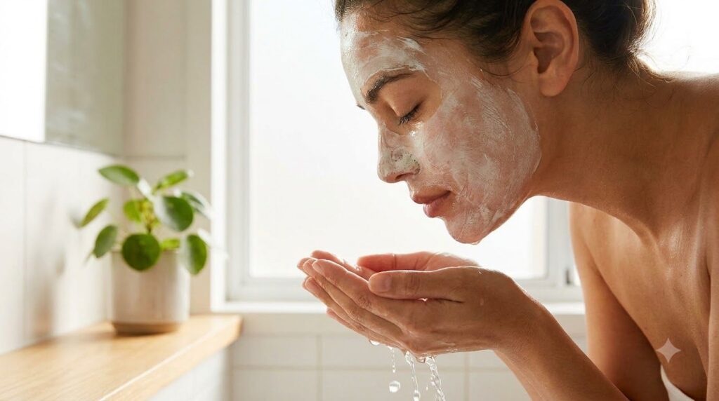 A close-up of a person gently rinsing off a white face mask from their face with lukewarm water showing clean radiant sk