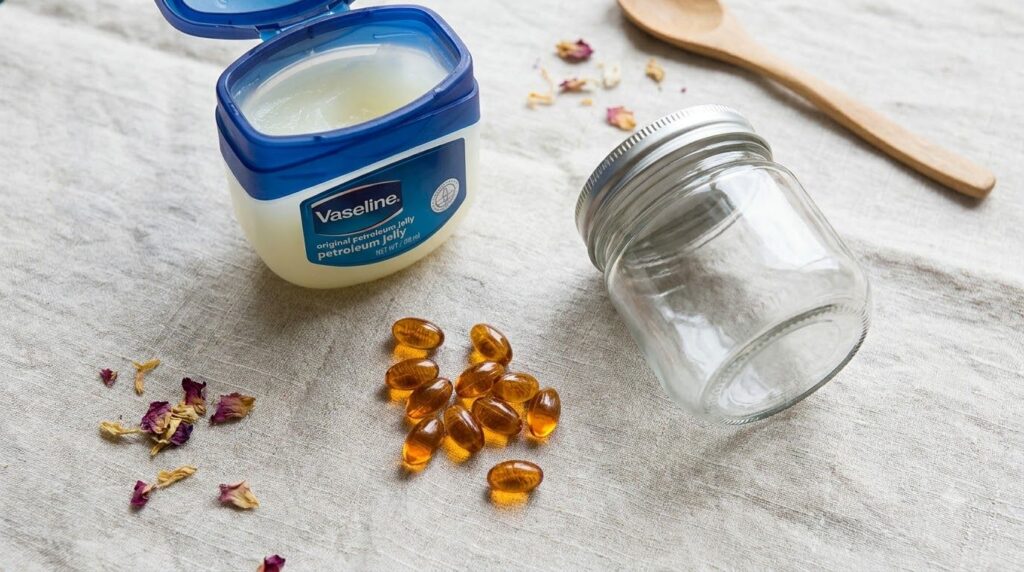 Ingredients for DIY skin balm a tub of Vaseline Vitamin E capsules and a small empty jar
