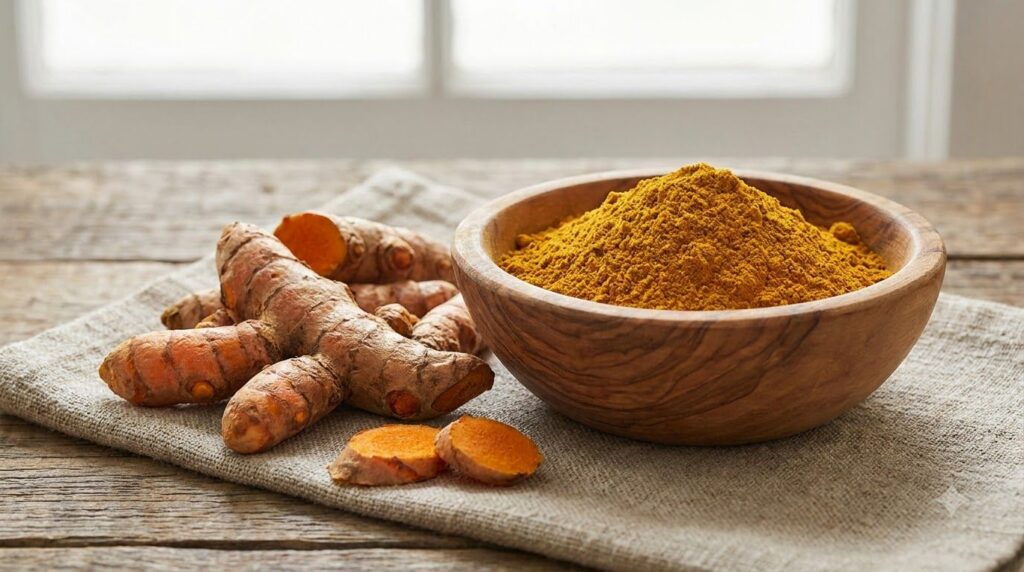 Close-up of fresh turmeric roots and bright yellow turmeric powder in a small wooden bowl surrounded by other natural sk