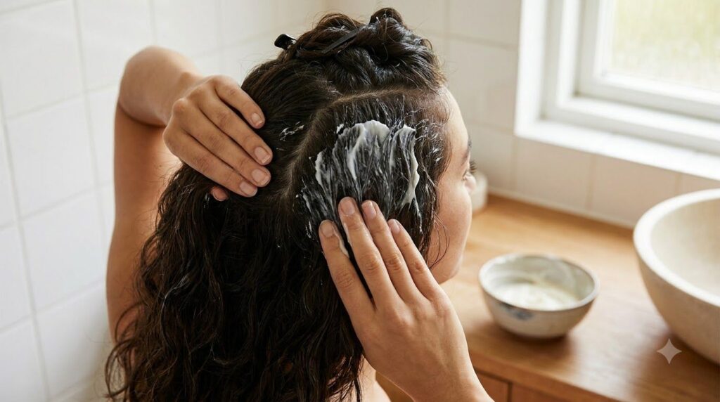 A person gently applying the hair mask to their scalp and hair perhaps with hands or a brush showing the application pro