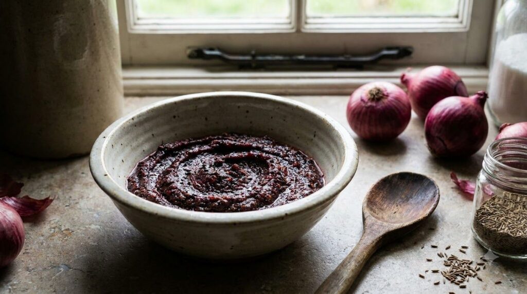 A bowl containing the blended red onion and black cumin seed paste ready for straining to extract the juice