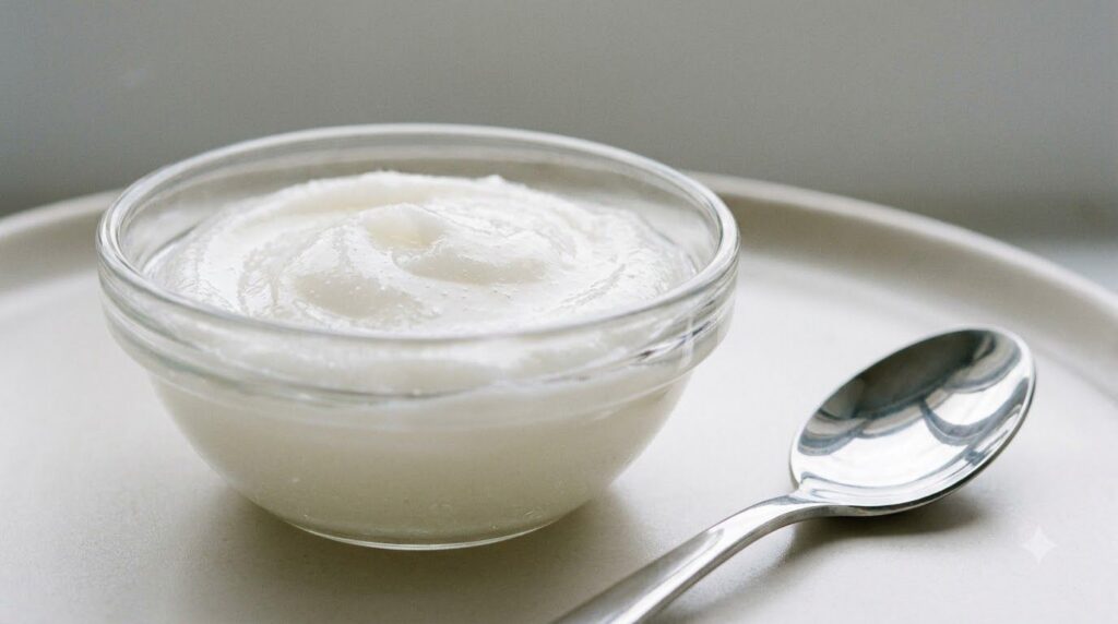 A close-up of a small bowl containing a creamy mixed paste of Vaseline and baking soda with a clean mixing spoon