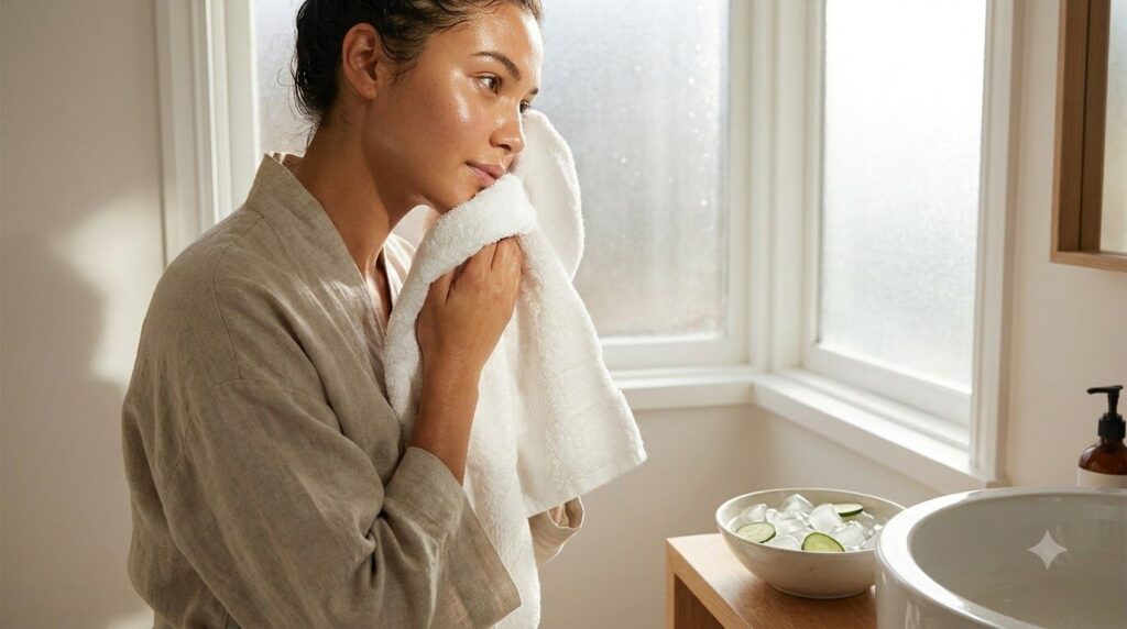 Close-up of a person gently patting their face dry with a soft white towel after an ice facial with a subtle glow on the