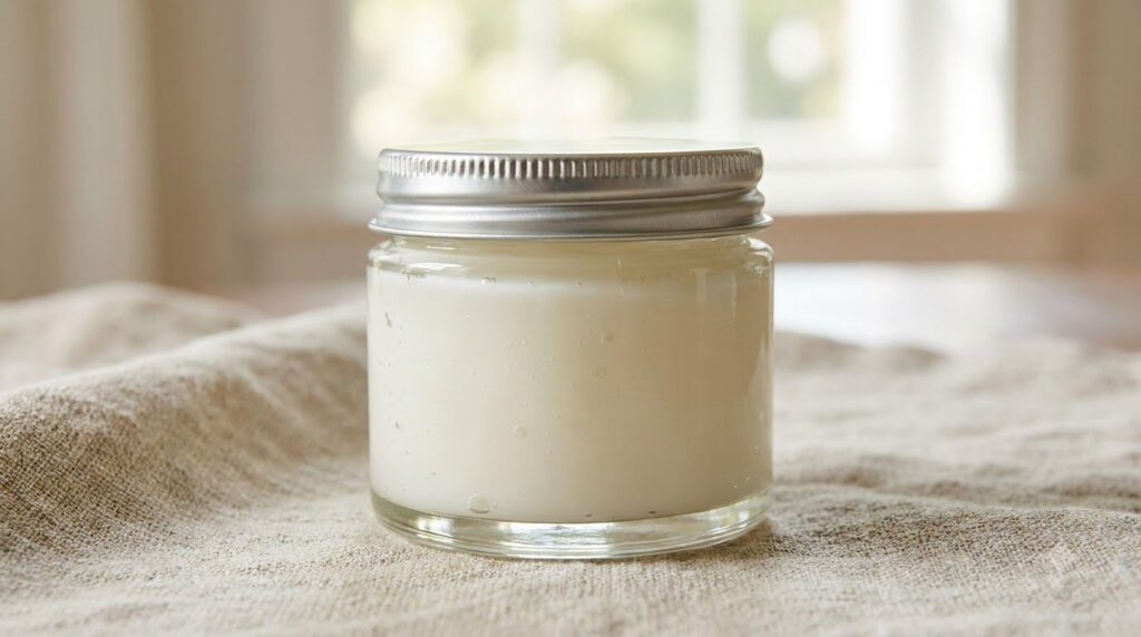 A close-up of a small glass jar containing a freshly mixed white-yellowish cream with a texture similar to Vaseline on a