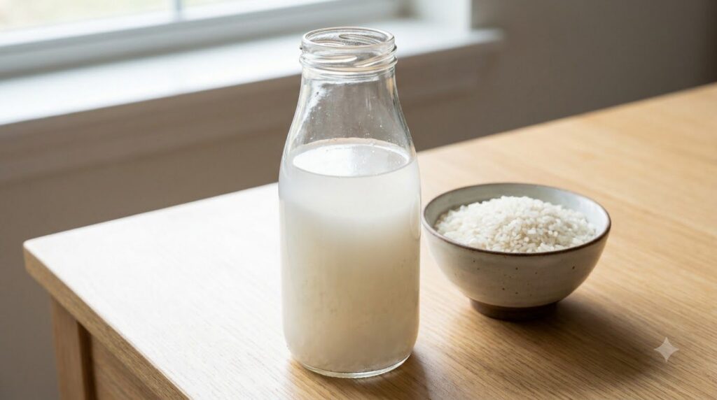 A close-up of a clear bottle of Johnson s baby oil mixed with milky rice water with uncooked rice grains scattered aroun