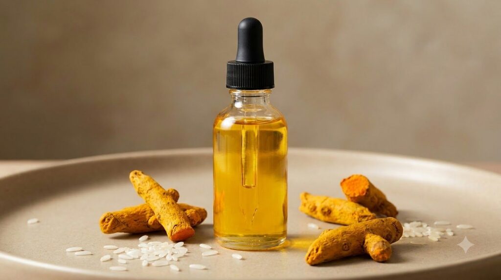 A small glass dropper bottle filled with golden yellow homemade serum with a few grains of rice and turmeric powder visi