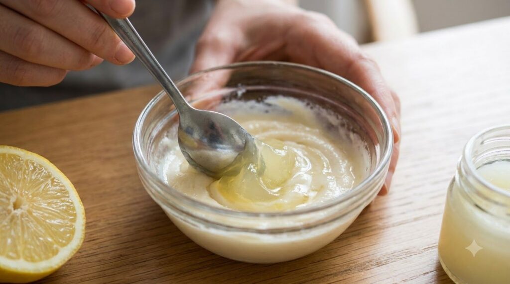 Close-up shot of a small glass bowl with Vaseline and lemon juice being mixed with a spoon The texture is creamy and the