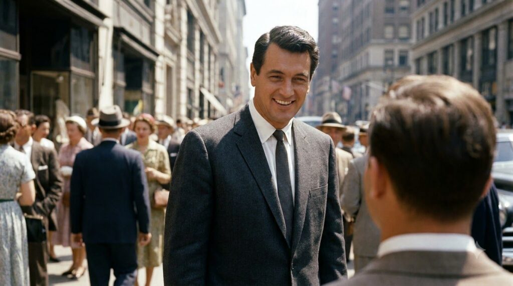 Rock Hudson in a still from a classic romantic comedy looking charming and dapper perhaps with another starlet