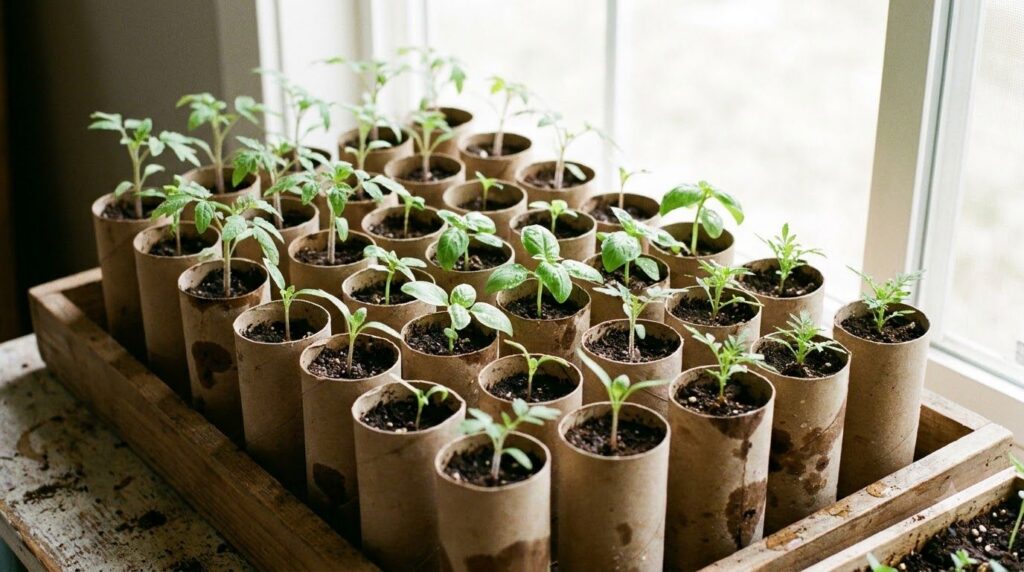 A close-up of young seedlings growing in recycled toilet paper rolls neatly arranged in a tray with natural light illumi