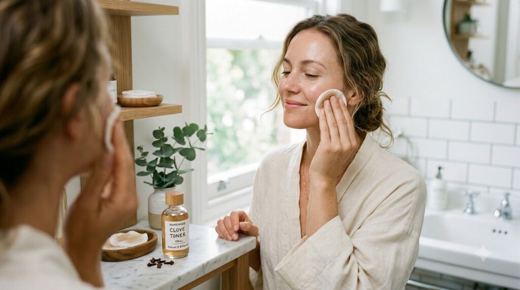 A woman gently applying the homemade clove toner to her face with a cotton pad in a clean brightly lit bathroom Her skin