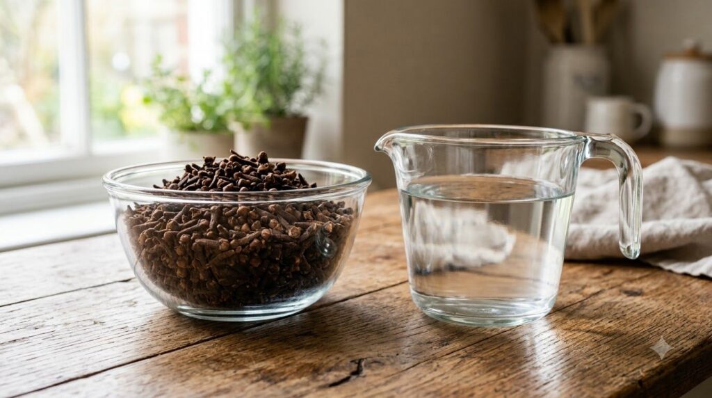 A clear glass bowl filled with whole cloves next to a measuring cup of distilled water on a rustic wooden table Ingredie