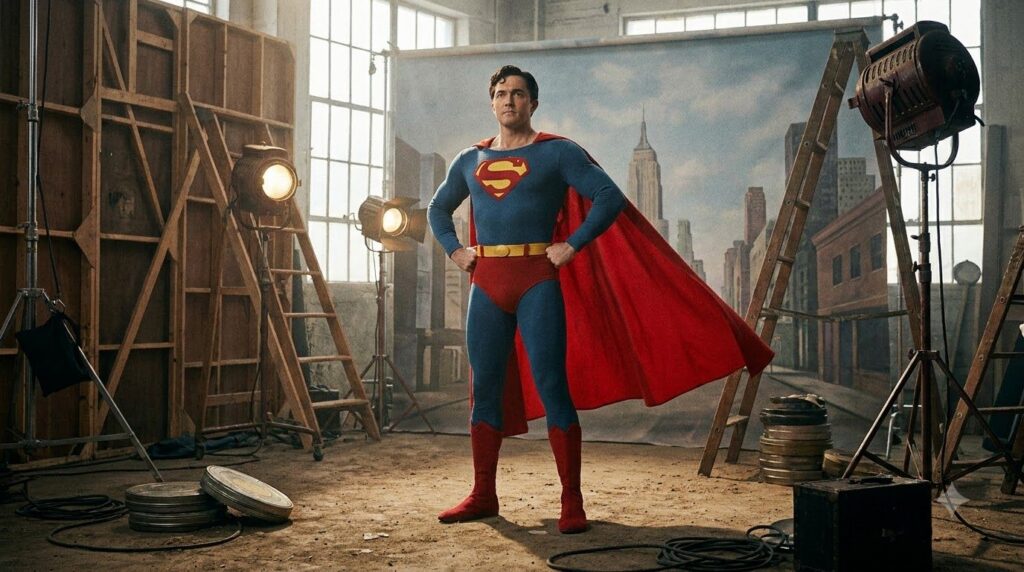 Kirk Alyn as Superman from the 1948 serial in a classic heroic pose