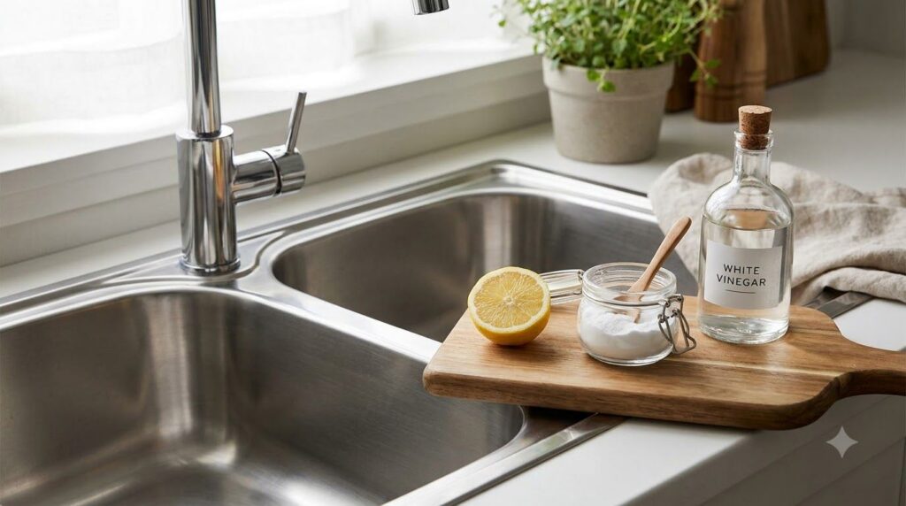 A gleaming stainless steel kitchen sink with lemon halves baking soda and a bottle of white vinegar visible The sink is 