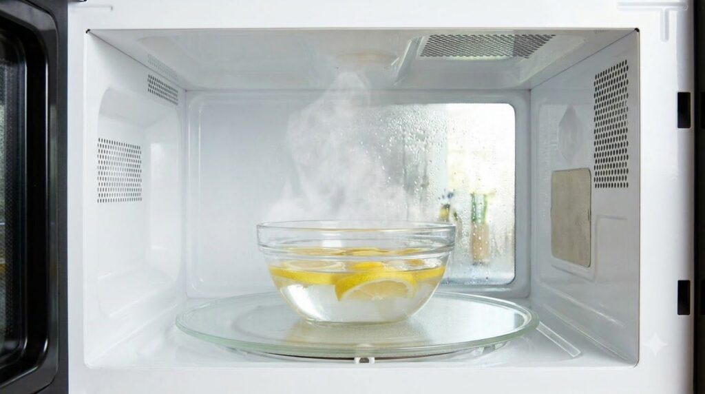 A microwave interior with a glass bowl containing water vinegar and lemon slices steaming inside The interior walls are 
