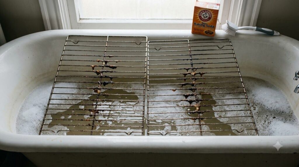 Two dirty oven racks soaking in a bathtub or large basin filled with hot water baking soda and dish soap The water is bu