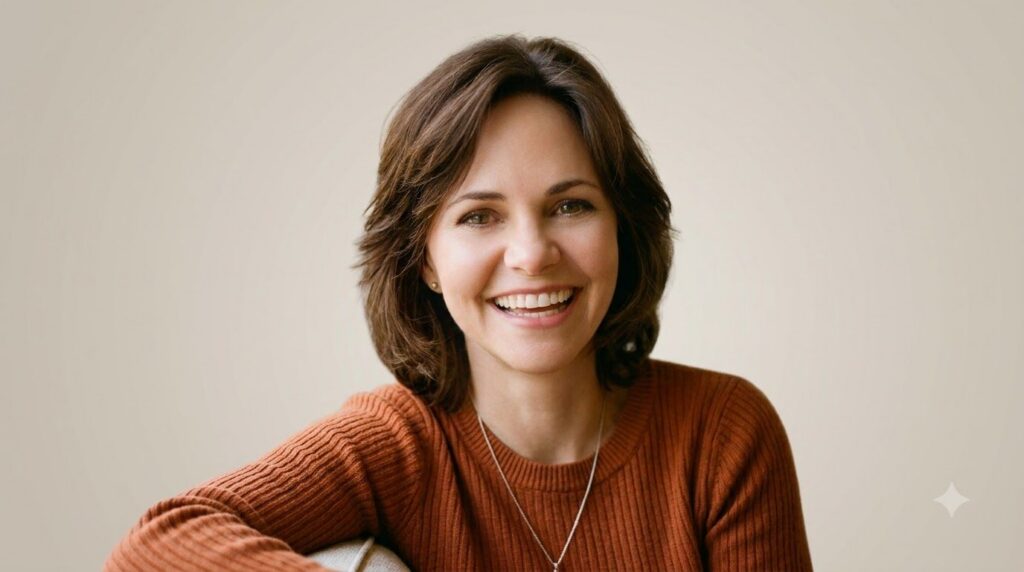 A portrait of Sally Field from her younger years perhaps from the late 70s or early 80s smiling brightly