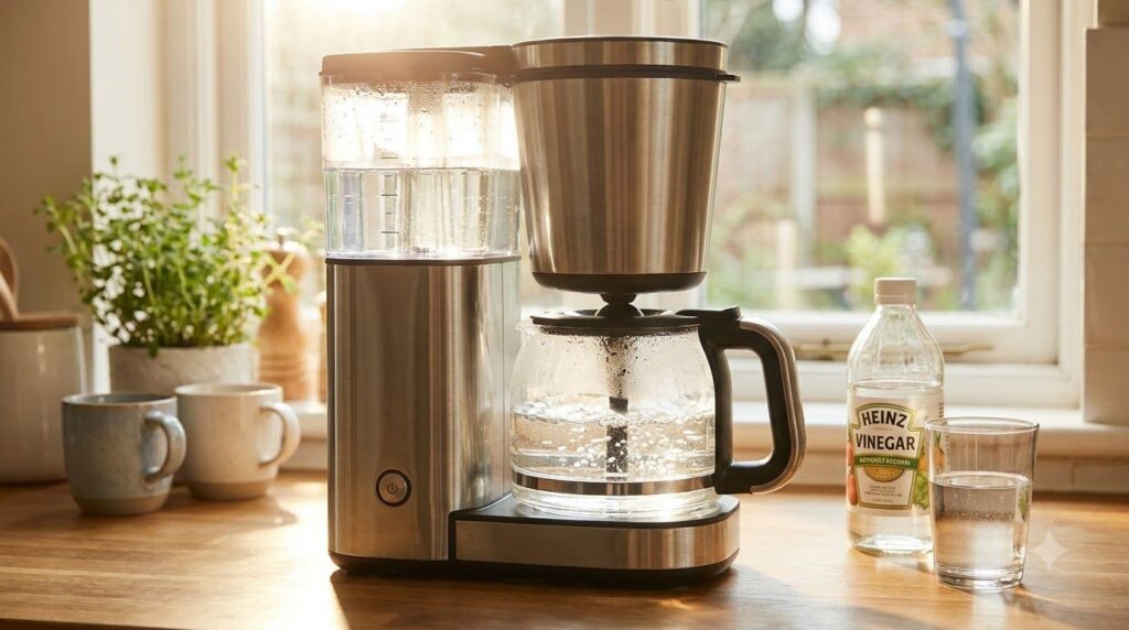 A coffee maker running a cleaning cycle with a clear solution of white vinegar and water The reservoir is partially fill