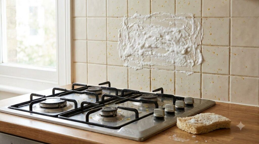 A greasy stovetop or kitchen backsplash with a thick paste of baking soda and water applied to a section of grease A spo