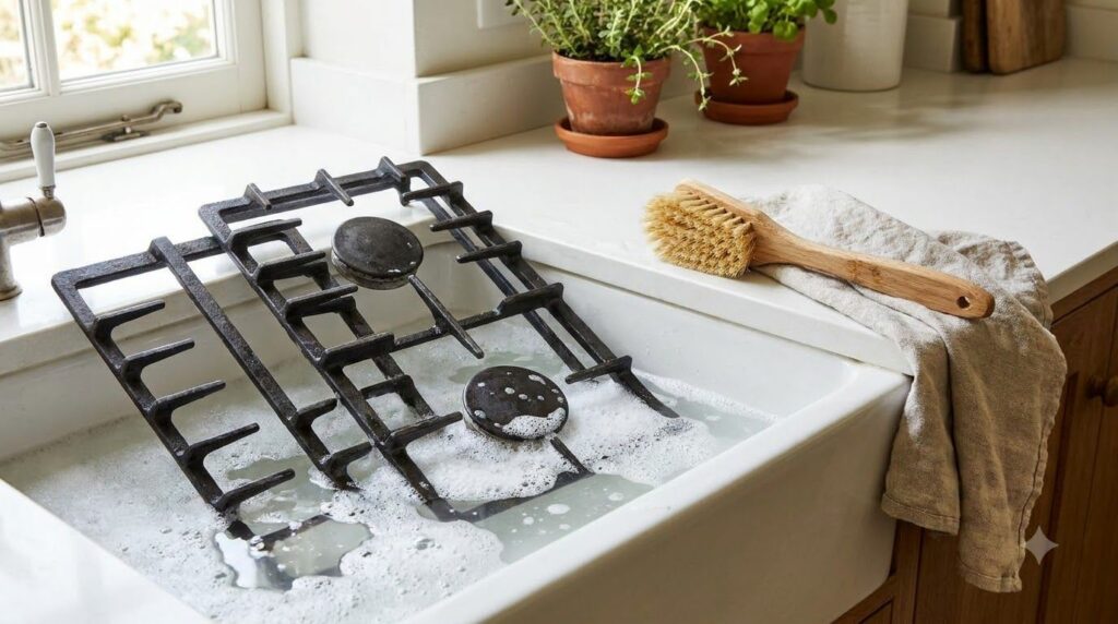 Detached stovetop burner grates and caps soaking in a basin with a baking soda and dish soap solution A scrub brush is o