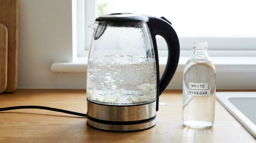 A clear glass kettle with a visible layer of limescale being descaled with white vinegar next to a bottle of vinegar