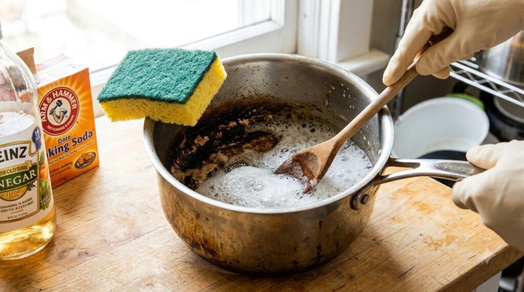 A stainless steel pot with a burnt bottom being cleaned showing the fizzy reaction of baking soda and vinegar with a spo